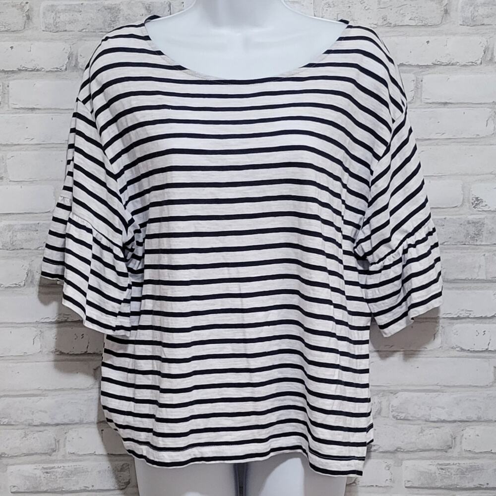Zara Basic Striped Black White Ruffle Sleeve Top Womens Large